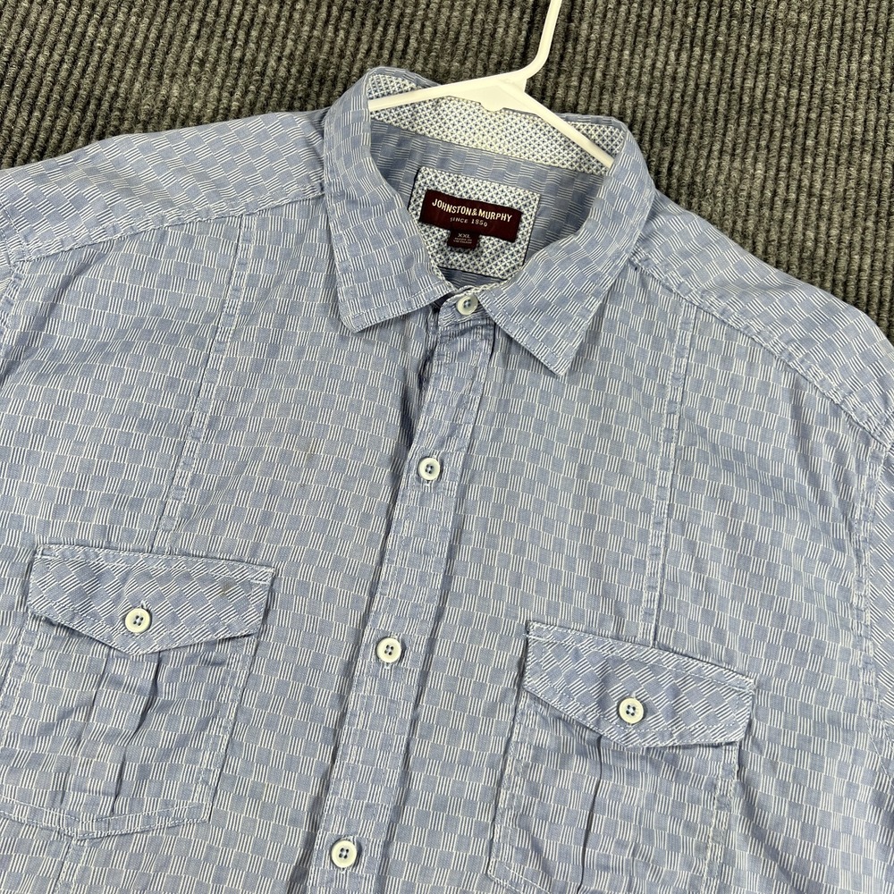 Johnston Murphy Shirt Mens 2XL XXL Blue Geometric Short Sleeve Button Up Casual